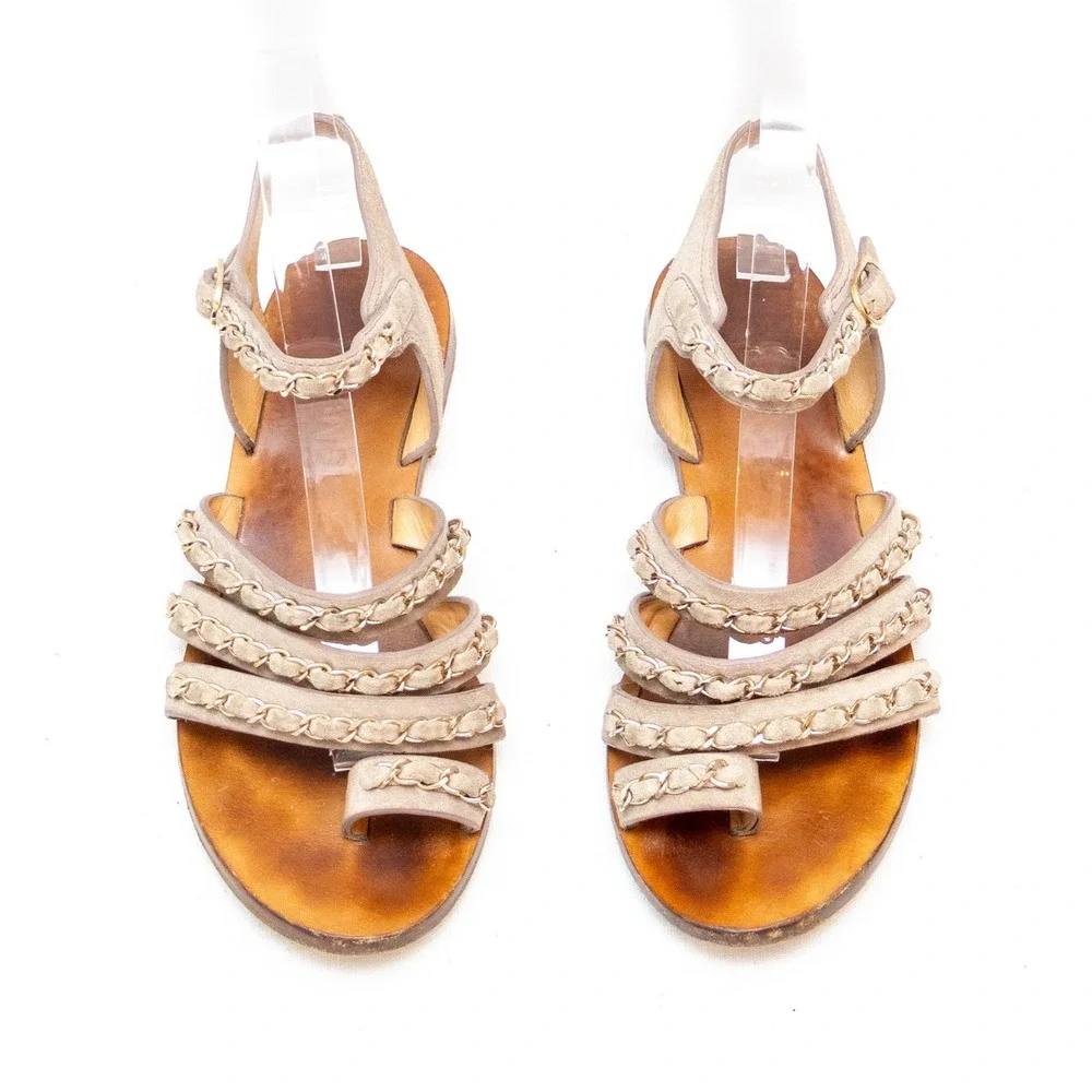 Chanel Gladiiator Taupe Suede‎ Chain-Trim Flat Sandals – Size 37.5 /US 7.5
